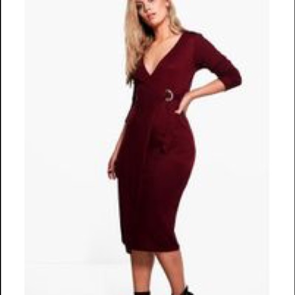 Boohoo Plus Isabel Rib Wrap D Ring Midi Dress